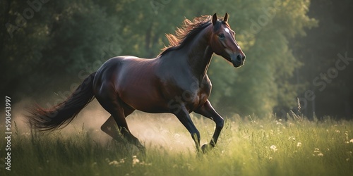 majestic horse galloping through serene meadow symbolizing freedom strength and beauty of nature  created with Generative AI technology