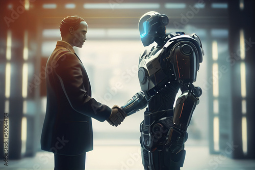 Hand of a businessman shaking hands with a droid robot. The concept of human interaction with artificial intelligence. High quality illustration