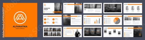 Letter A logo and orange background branding corporate presentation with slides template. Presentation for wide screen include diagrams, headlines and icons.