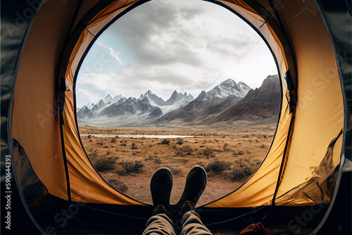 Spectacular view of nature from open tent entrance. The beauty of romantic trekking and camping. . High quality illustration