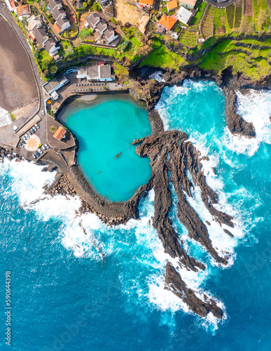 Aerial view of Madeira island. Land meets ocean in Seixal, Madeira, Portugal