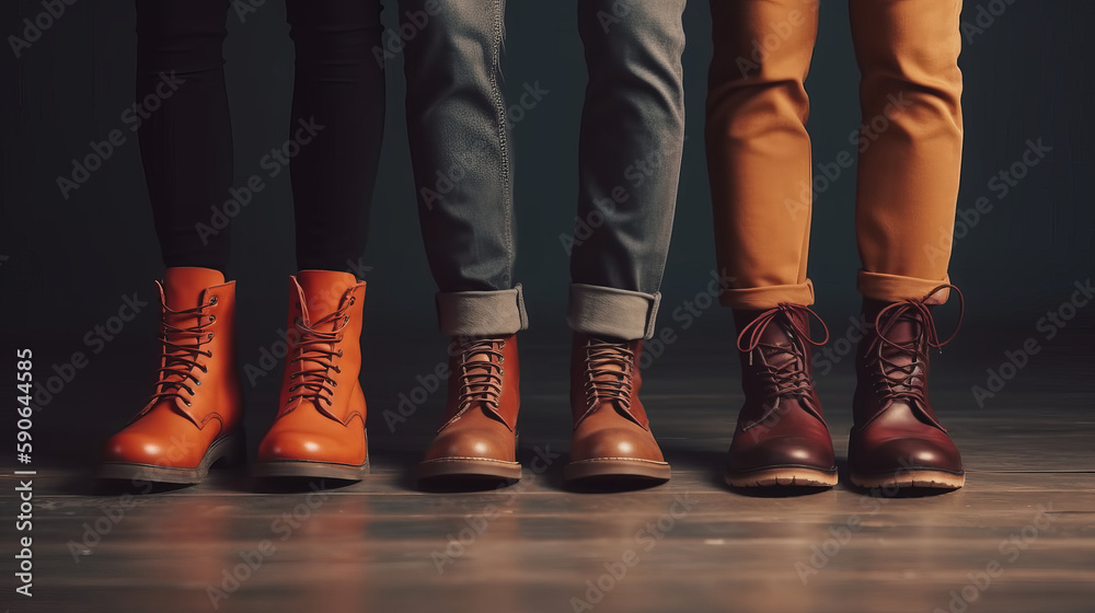 Group of three successful company leaders standing hand in pocket. Team of 3 business partners leaning on grey office wall. Cropped shot of people's legs in stylish classic pants. AI generated Group of three successful company leaders standing hand in pocket. Team of 3 business partners leaning on grey office wall. Cropped shot of people's legs in stylish classic pants. AI generated
