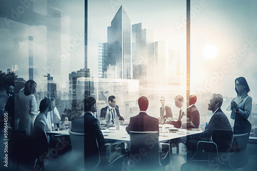 Business conference meeting discussion double exposure. Silhouette Business People Celebration Success Cityscape Concept. High quality illustration