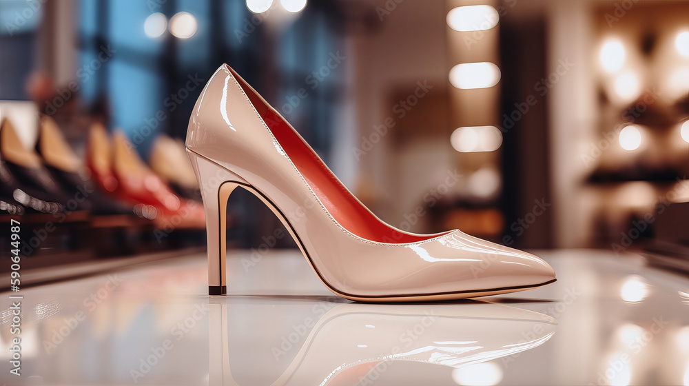 Women's shoes on the showcase of a bridal salon. Al generated Women's shoes on the showcase of a bridal salon. Al generated