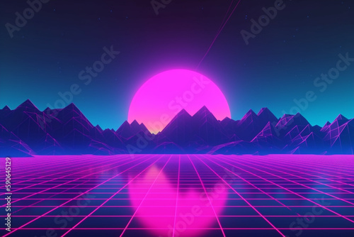 Retro Futuristic neon gaming landscape background