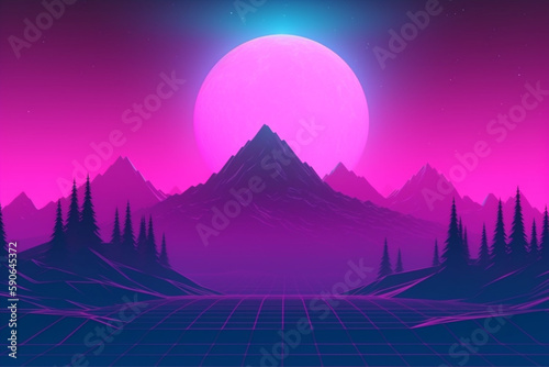 Retro Futuristic neon gaming landscape background