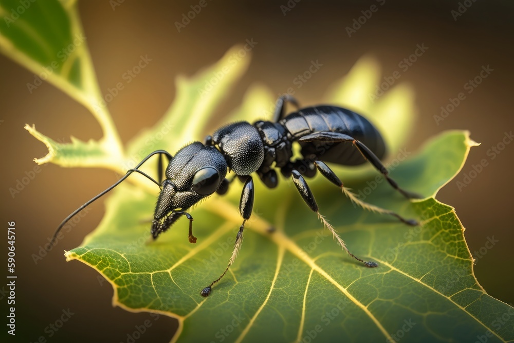 shiny black carpenter ant on a leaf close up shot created with Generative AI technology shiny black carpenter ant on a leaf close up shot created with Generative AI technology