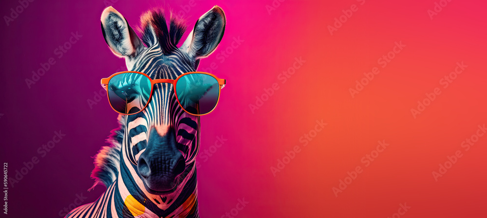 Zebra Wearing Sunglasses on a Colorful Background (Generative AI) - obrazy, fototapety, plakaty 