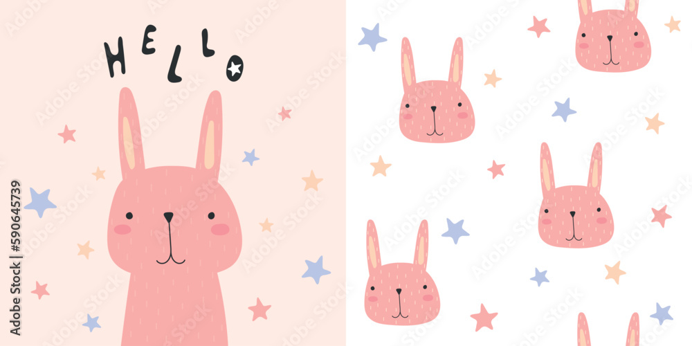 Baby pattern with cute little bunny, childish seamless background. Ideal for baby bedding, fabric, wallpaper, wrapping paper, textile, t-shirt printing. Hand drawn vector illustration.
Baby pattern with cute little bunny, childish seamless background. Ideal for baby bedding, fabric, wallpaper, wrapping paper, textile, t-shirt printing. Hand drawn vector illustration.