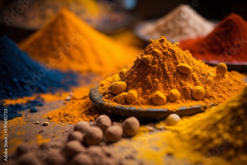 Fototapeta Naklejka Na Ścianę i Meble -  spice market with piles of turmeric, cumin, and paprika created with Generative AI technology