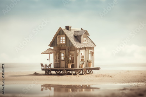 A tiny house on the beach, generative ai illustration