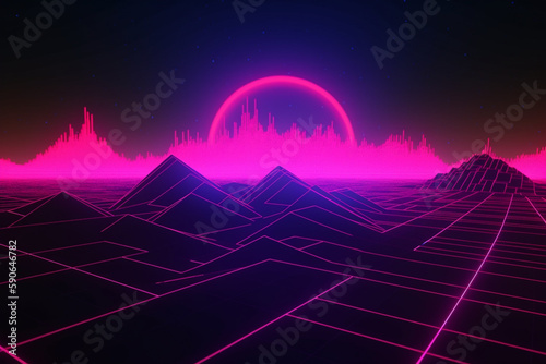 Retro Futuristic neon gaming landscape background