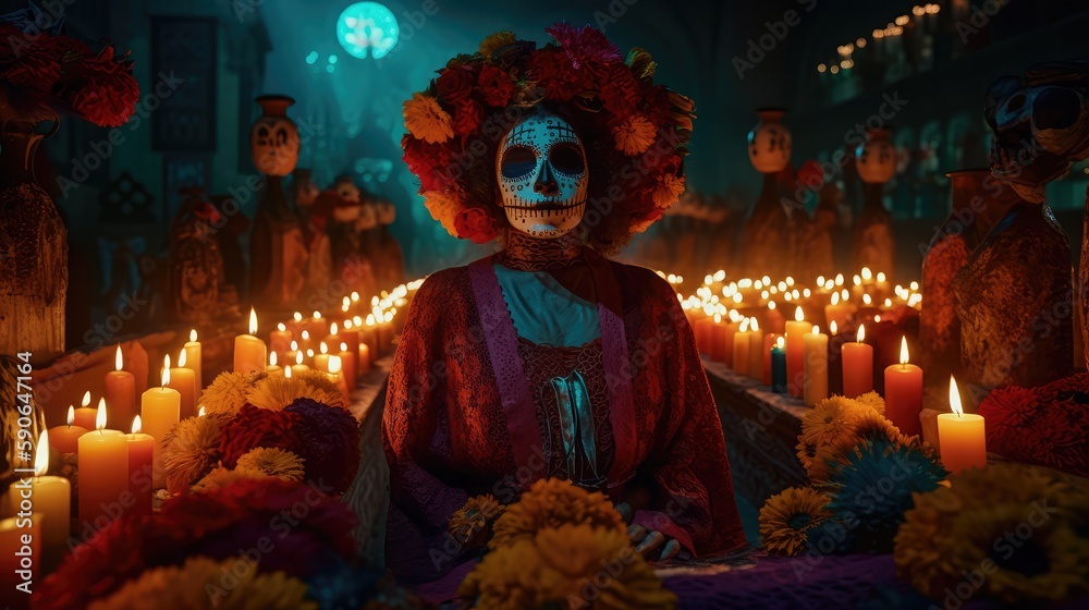Beautiful woman in traditional mexican costume and bright make-up decorated with flowers and patterns for the day of the dead. Generative AI