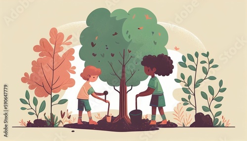 Children planting a tree for health the world and environment Created with Generative AI technology.