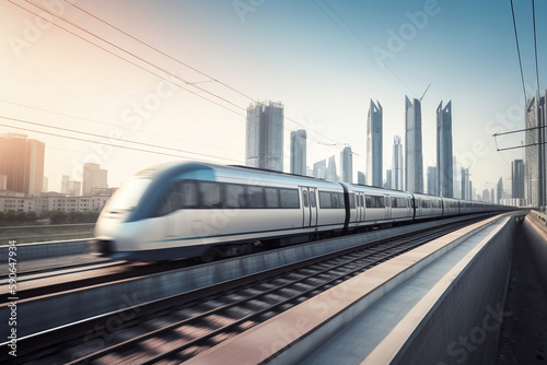 Speed Shiny Train At Ride And Blurred Cityscape At Daylight On Background  Made Using Generative Ai