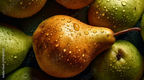 fresh pear seamless background, adorned with glistening droplets of water. generative AI
