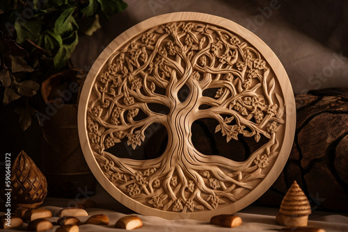 Sacred Tree Of Life Symbol As Decoration Crafted From Wood, Made Using Generative Ai
