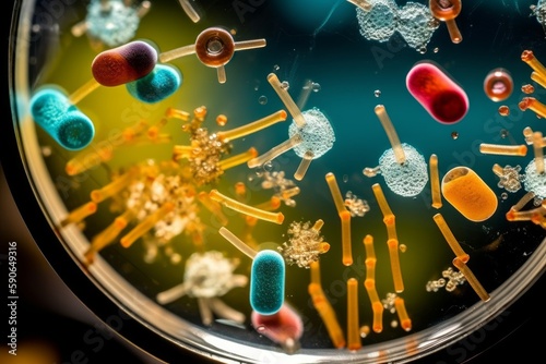Exploring the Microscopic World: Bacteria and Virus Cells in a Petri Dish, Generative AI