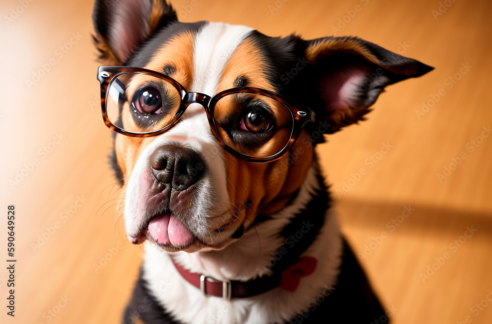 Dog in glasses. Cute smart doggie in eyeglasses. Generative AI