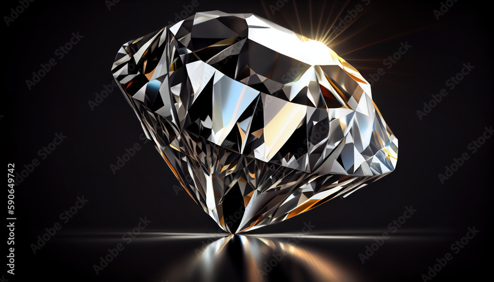 3D rendering illustration. Round cut diamond on black dark glossy background, caustics rays, high details, Al generated 3D rendering illustration. Round cut diamond on black dark glossy background, caustics rays, high details, Al generated