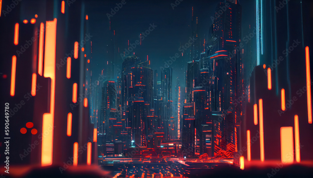 Bright futuristic towers on a dark background. Abstract 3D illustration