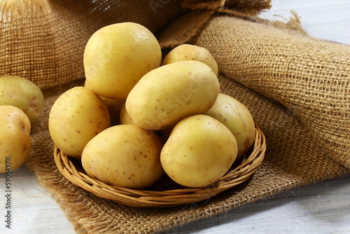 fresh vegetable potato isolated in jute fiber background photo