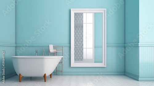 Bathroom with a mirror on a light blue wall with a patterned tile floor  created with generative AI technology