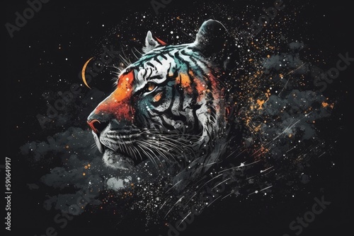 the tigers face is well focused on a dark backdrop. Generative AI © 2rogan