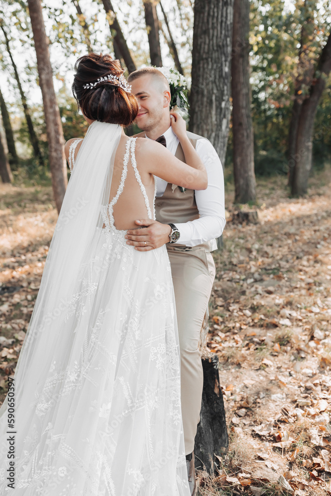 Wedding photo in nature. The bride hugs and kisses the groom. The bride has her shoulders turned. Beautiful hairstyle and hair decoration. Portrait of the bride and groom in the forest Wedding photo in nature. The bride hugs and kisses the groom. The bride has her shoulders turned. Beautiful hairstyle and hair decoration. Portrait of the bride and groom in the forest