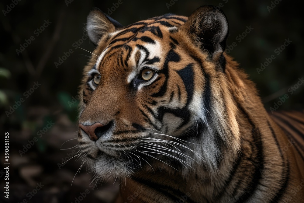 close-up view of a majestic tiger with blurred background. Generative AI