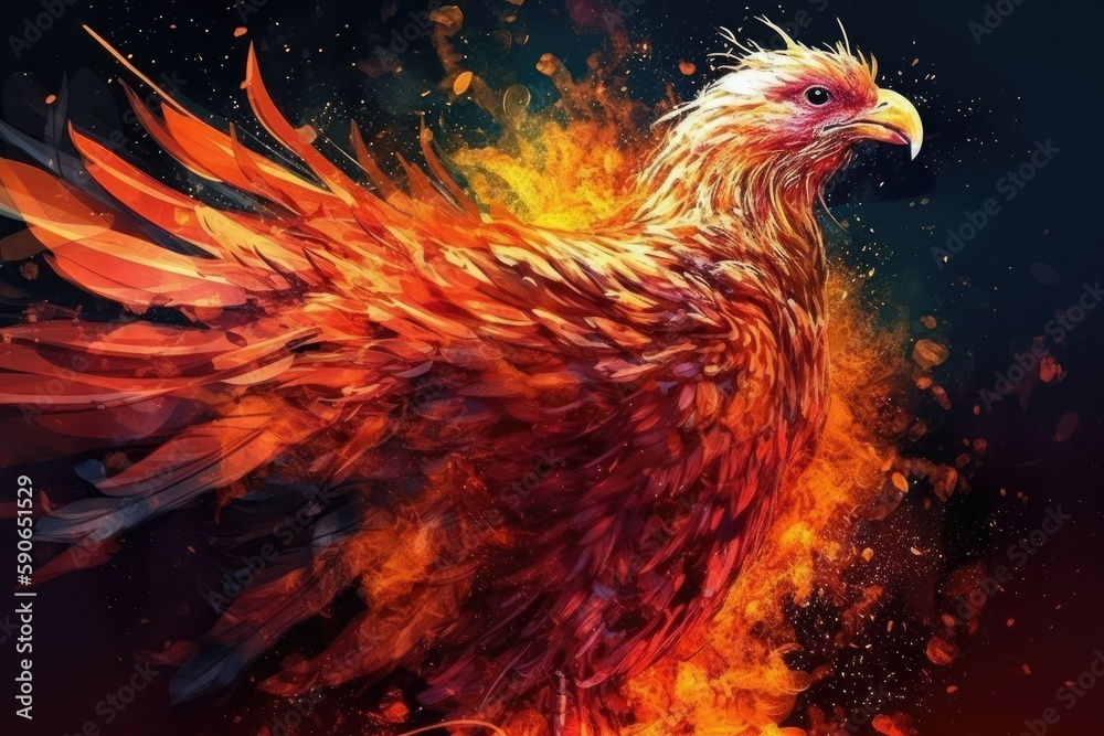 Fototapeta premium vibrant red and yellow bird set against a black background. Generative AI