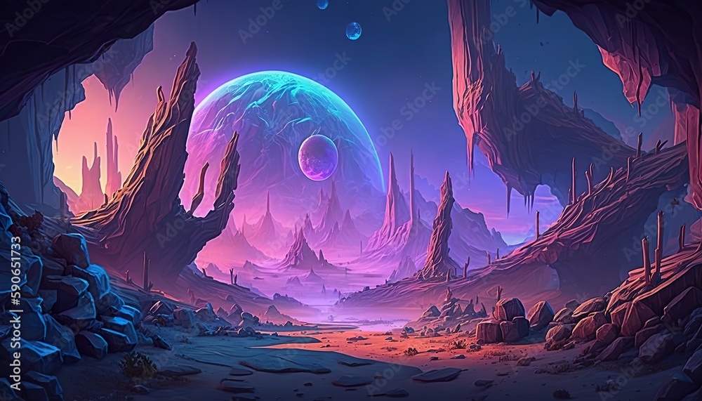 2D alien planet background environment for a battle arena mobile game. Another world fantastic landscape flat cartoon style. 2D realistic illustration. Generative AI