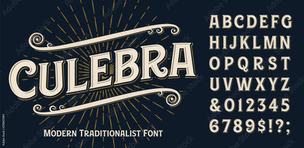 Culebra is a traditional old style alphabet with stylized inline and shadow effects. Good for logos, tattoo shops, metalworkers, sign painters.