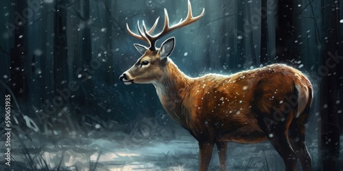 a lovely painting of a deer in the forest with light snow falling, Generate Ai © MdImam