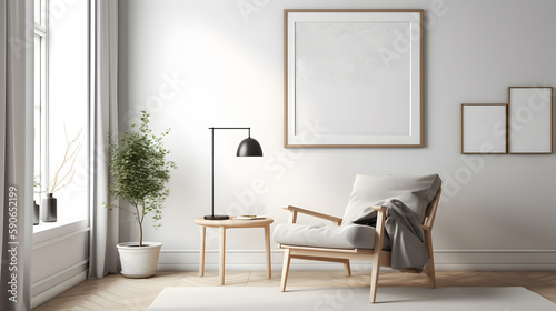 mockup frame in a living room interior with a chair and decor in German style with a nice light.