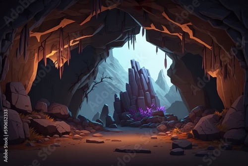 2D fantasy cave in rock background environment for a battle arena mobile game. A passage carved in stone flat cartoon style. 2D realistic illustration. Generative AI