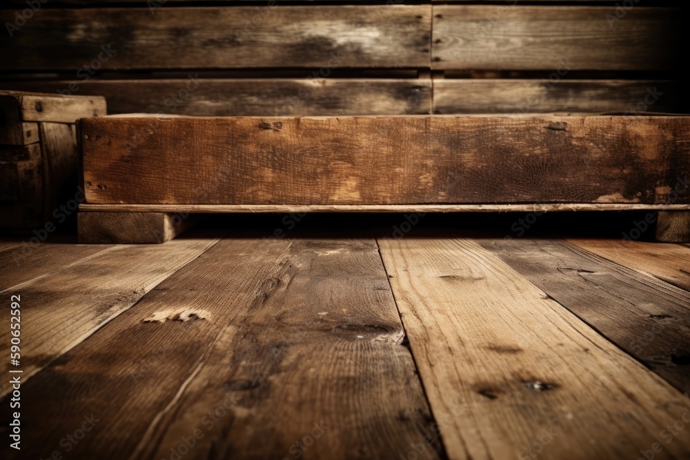 rustic wooden bench on a wooden floor. Generative AI rustic wooden bench on a wooden floor. Generative AI