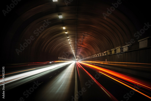 Speed Traffic Light Trail In Highway Tunnel, Made Using Generative Ai