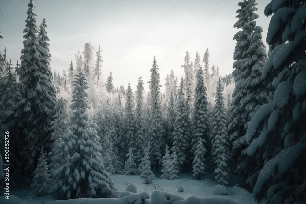 Gorgeous scene of snow-covered fir trees in a Norwegian woods. Generative AI Gorgeous scene of snow-covered fir trees in a Norwegian woods. Generative AI