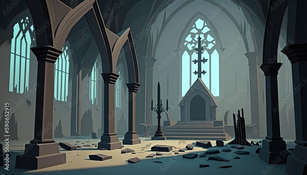 2D interior of old stone church background environment for a battle arena mobile game. Gothic architecture  in ancient building flat cartoon style. 2D realistic illustration. Generative AI