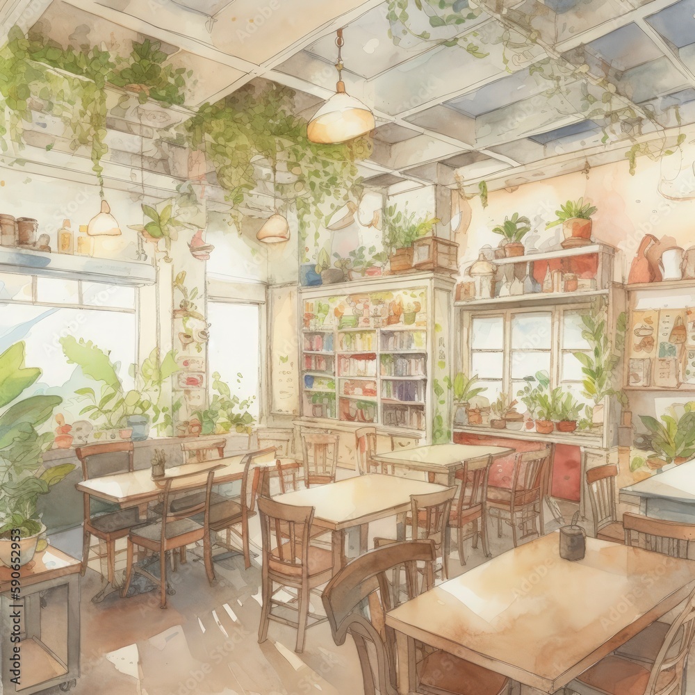 light watercolor, interior of a cozy cafe on white background, Generate Ai