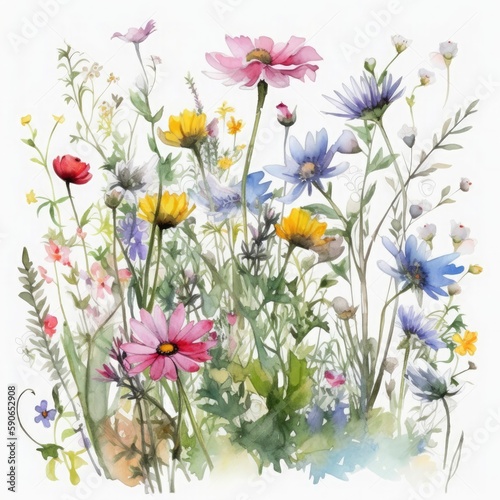 free meadow flowers watercolor and pastel color on white background   Generate Ai