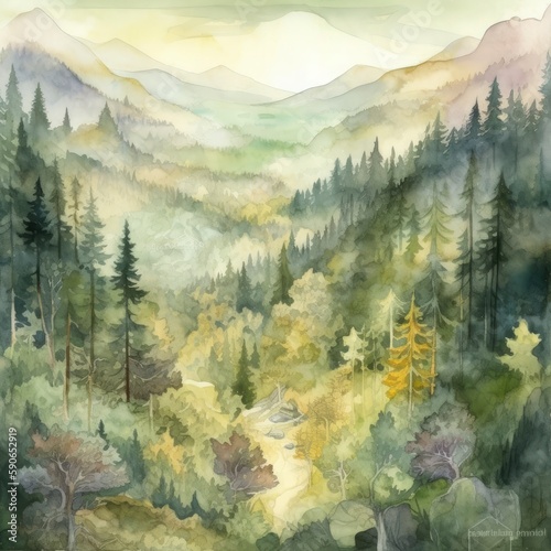 pan view of lush magical forest and mountains, watercolor art, Generate Ai