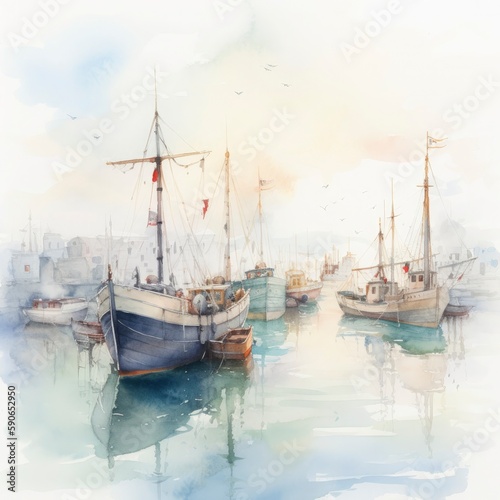 light watercolor, boats at the harbor on white background, Generate Ai