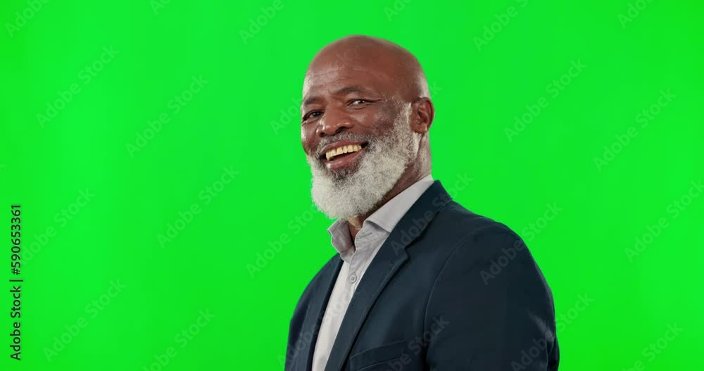 Happy black man, face and smile on green screen for business, success or vision against a studio background. Portrait of confident African senior businessman smiling for career ambition on mockup Happy black man, face and smile on green screen for business, success or vision against a studio background. Portrait of confident African senior businessman smiling for career ambition on mockup