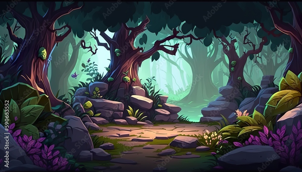 2D abstract and magical enchanted forest background environment for a ...