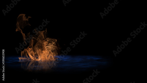 Fototapeta Naklejka Na Ścianę i Meble -  Orange Fire on Blue Water features orange flames with reflection burning on the surface of blue water fading to a black atmosphere.