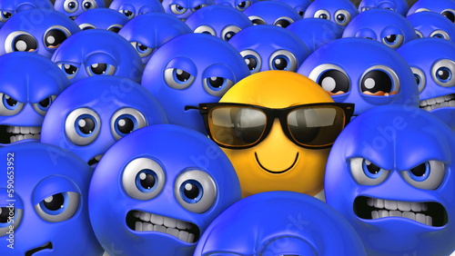 Photography Stand Out in a Crowd Happy Emoji features a single yellow emoji wearing sunglasses and smiling in a crowd of blue emojis with expressions ranging from angry to sad