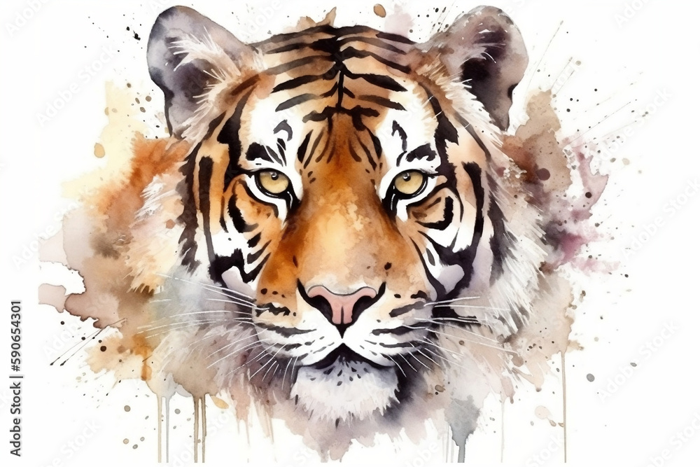 Tiger Head, Animal, Watercolor Illustration Isolated On White Background, Made Using Generative Ai