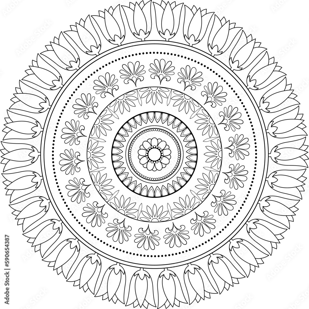 Decorative black outline detailed floral pattern mandala. For coloring book page. Antistress for adults and children.Hand draw vector illustration.